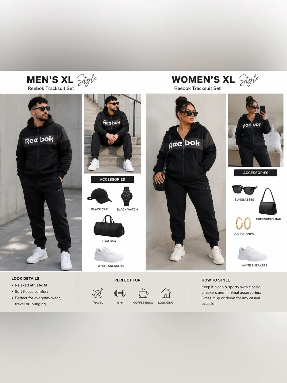 Reebok Men’s XL Tracksuit Set Black Hoodie Joggers Athletic Matching Set